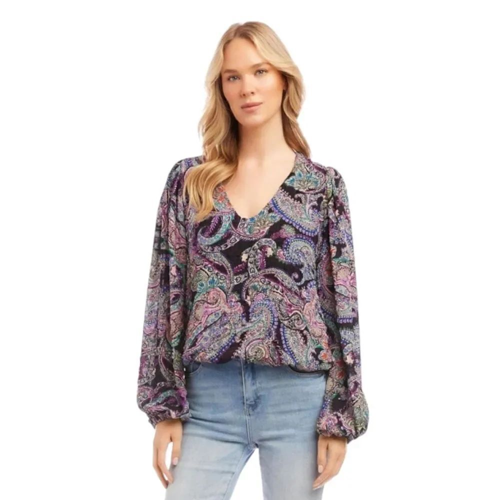 Karen Kane Paisley Magestic Majenta Black Bubble Cloth Long Sleeve Blouson Top